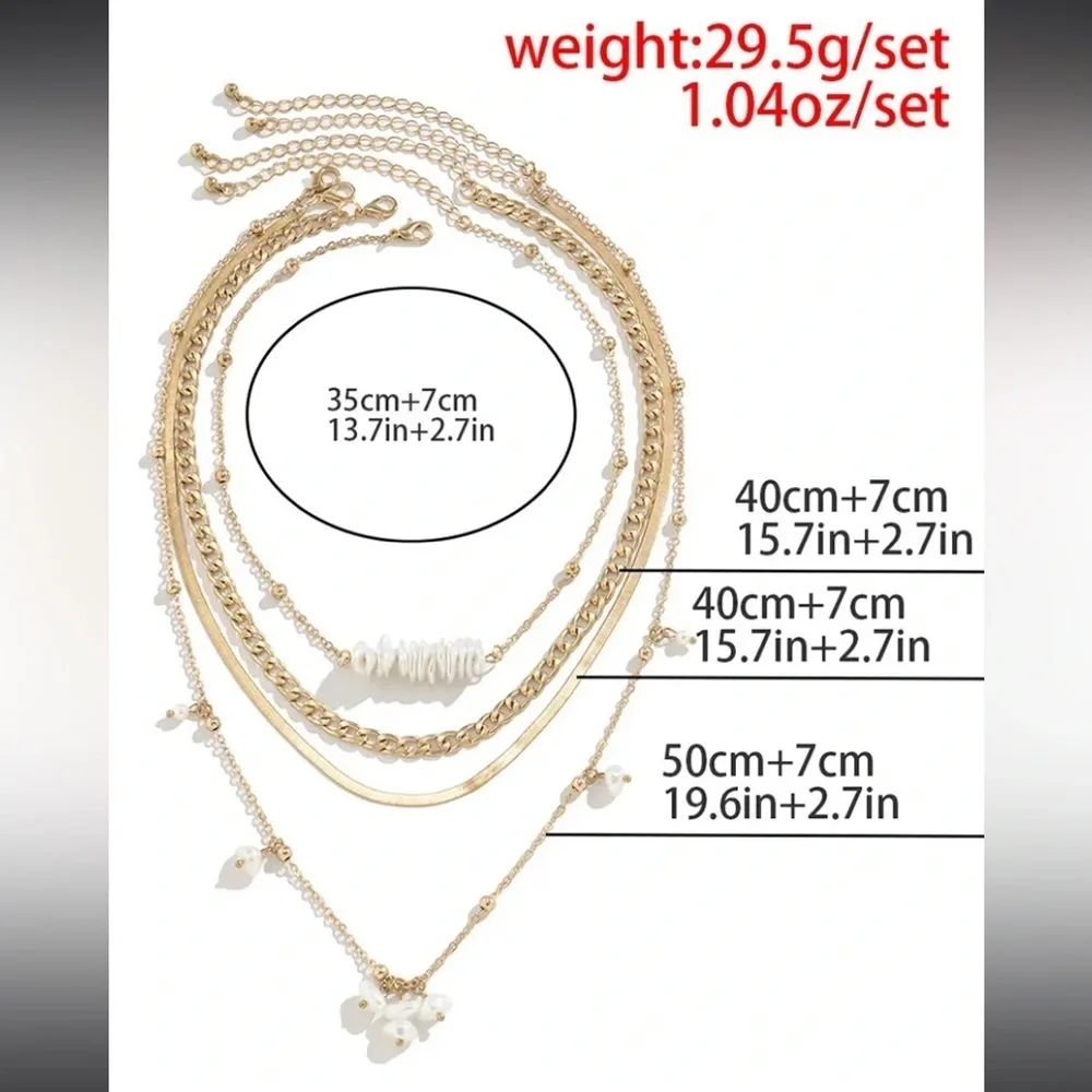 Flirty Layered Tiered 4Pcs Faux Pearl Beading Chain Layered Necklaces Set Gold. - Picture 4 of 4